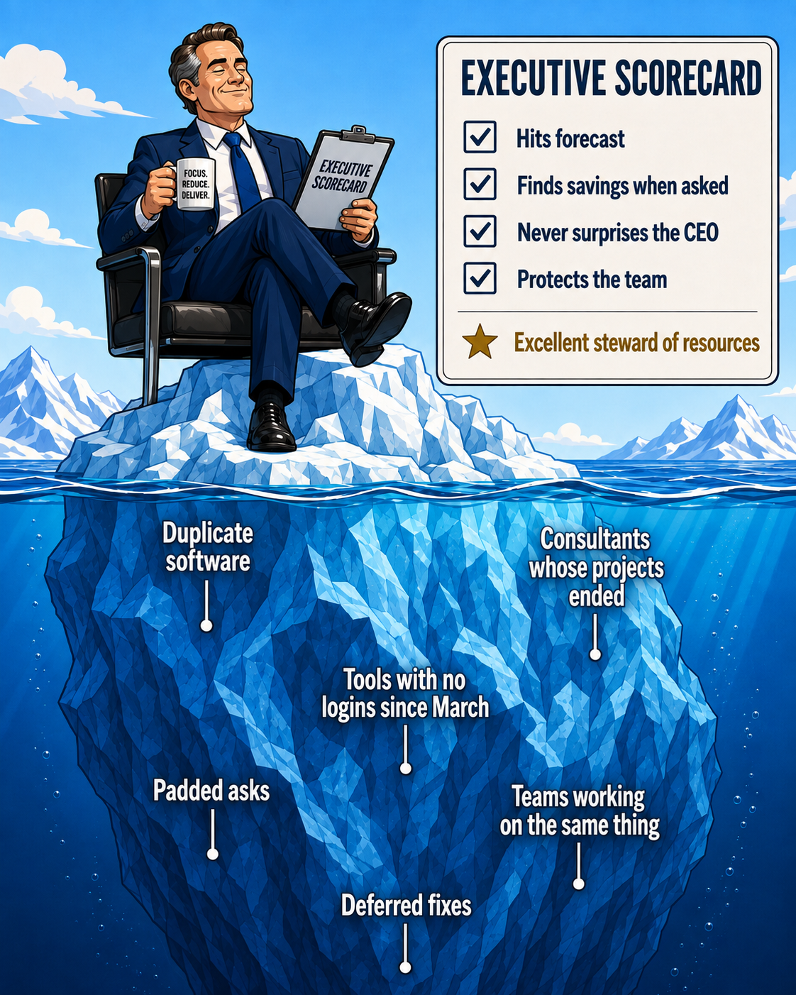 An executive above the waterline with a perfect scorecard, while duplicate software, padded asks, stranded consultants and deferred fixes sit hidden below it
