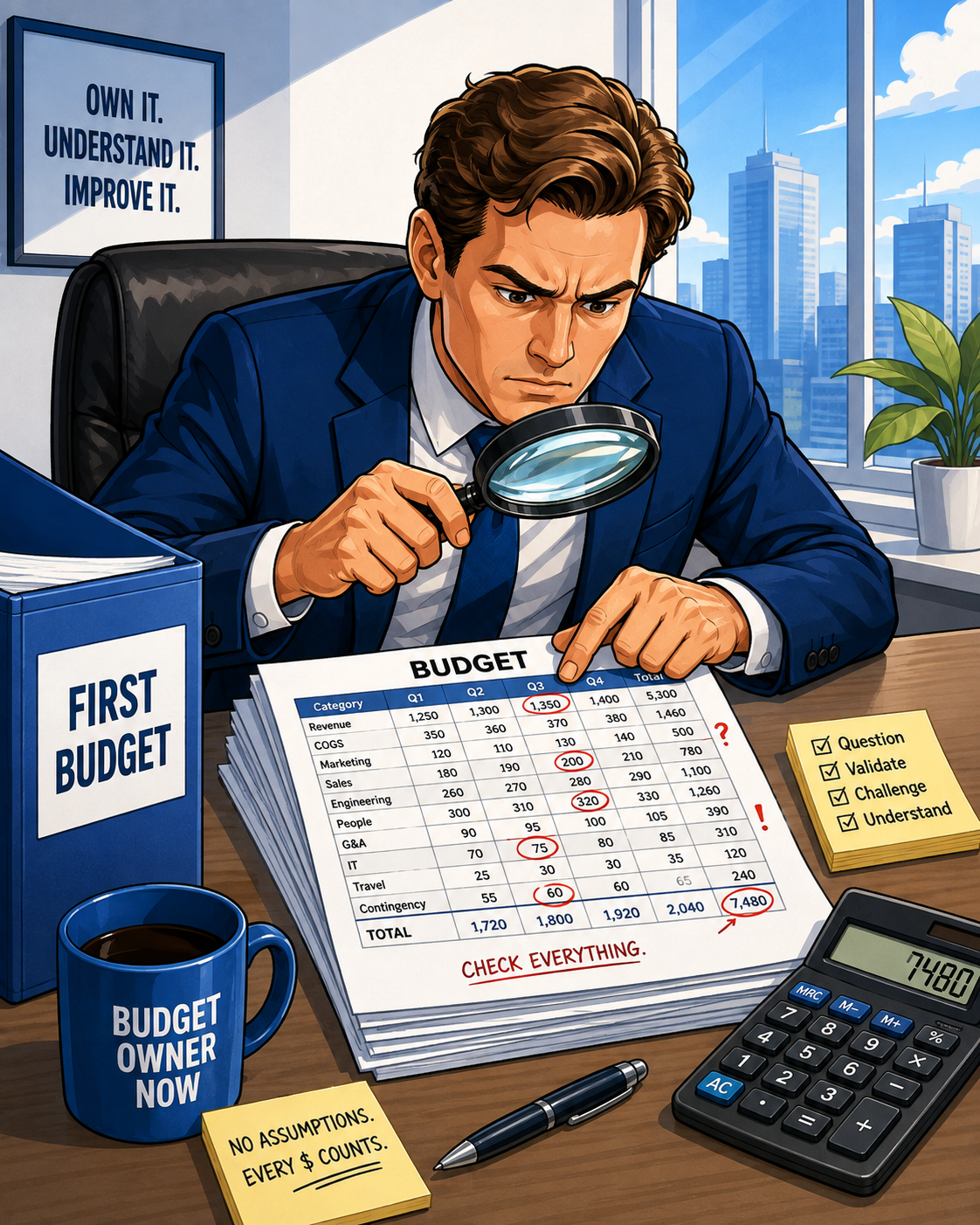 A newly promoted manager going line by line through their first budget with a magnifying glass